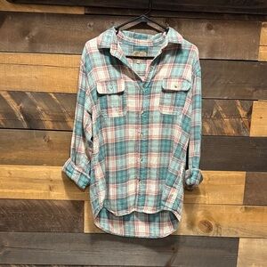 Plaid Button-Down Shirt - Teal & White